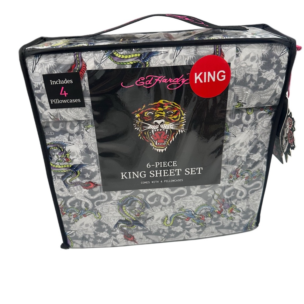 Ed Hardy Dragon Tiger Skull Grey 6 Piece King‎ Sheet Set NWT